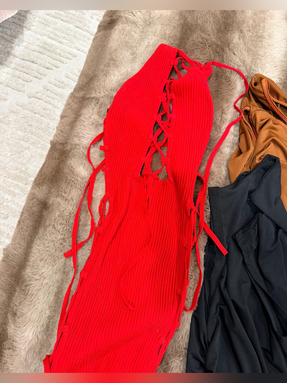 Fashion Nova Red Lace-Up Ribbed Bodycon Dress/ Side Tie up